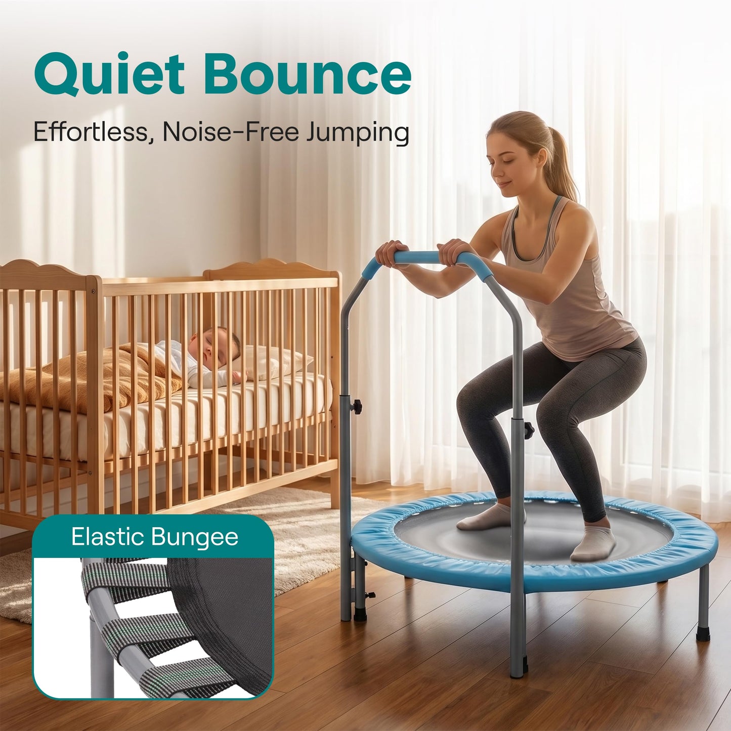 SereneLife 40" Foldable Mini Trampoline - Compact Fitness Trampoline for Kids Adults, Exercise Rebounder with Adjustable Foam Handle, Indoor/Garden Workout Equipment, Max Load 200 lbs, Sky Blue