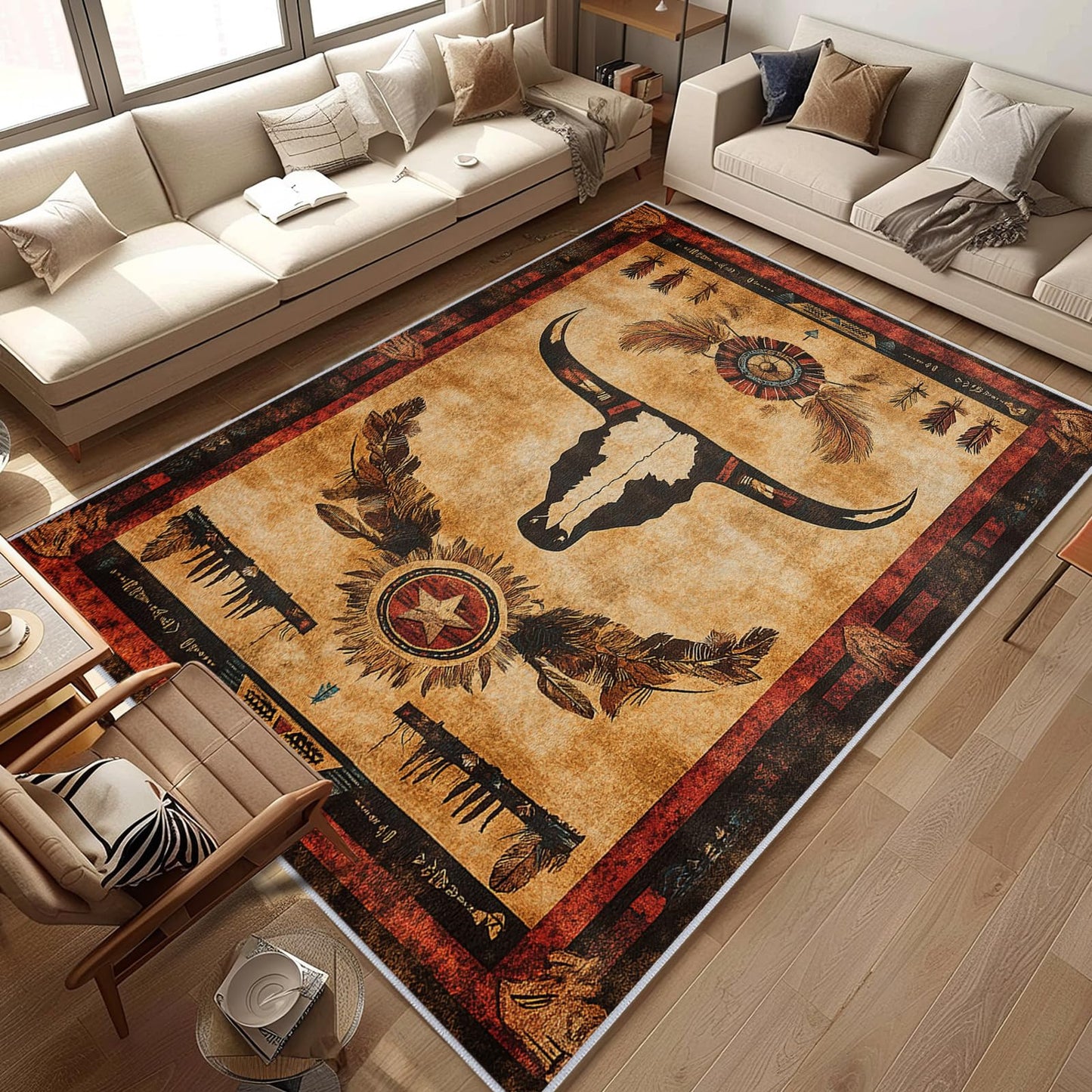 Western Area Rug Southwestern Cow Washable 5x7 Navajo Tribal Rugs for Living Room Bedroom Cowboy Rustic Non-Slip Soft Floor Large Carpet for Office Entryway Bathroom