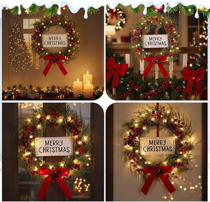 Lighted Christmas Wreath for Front Door with Metal Hanger 16'' Artificial Norfolk Wreath with Velvet Bow LED Lights Jingle Bells Pinecone Berries Christmas Holiday Winter Decor(Red)