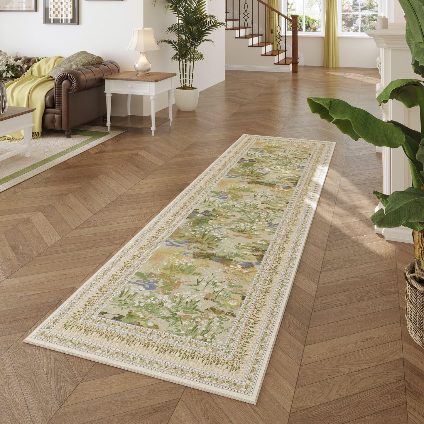 Rugcomf 2x6 Runner Rug Impressionist-Style Vintage Kitchen Rugs Non Slip Washable Soft Carpet Runner for Kitchen Laundry Bedroom Bathroom, Beige