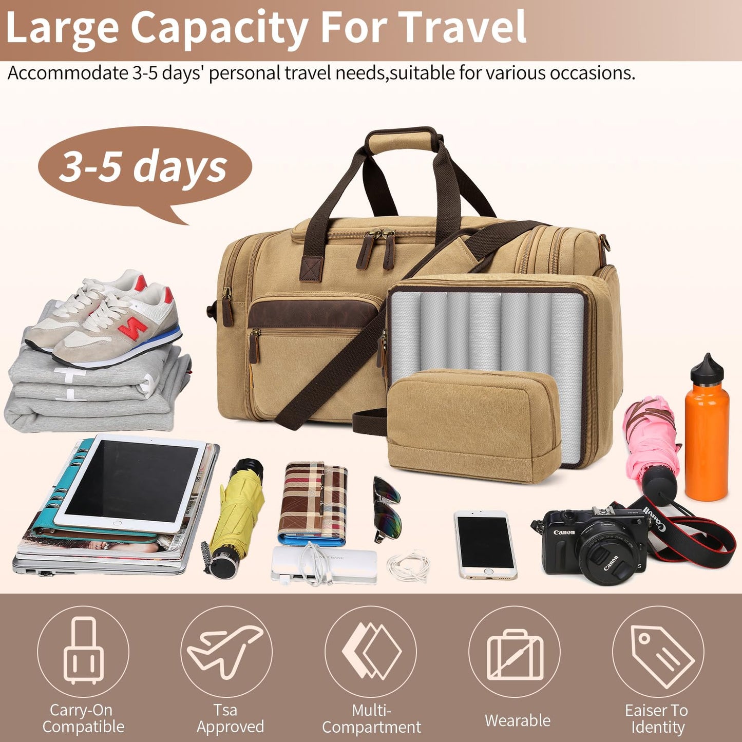 Mens Duffle Bag for Travel 60L Expandable Canvas Weekender Overnight Travel Duffel Bag with Shoe Compartment Carry-On for Airplanes Khaki