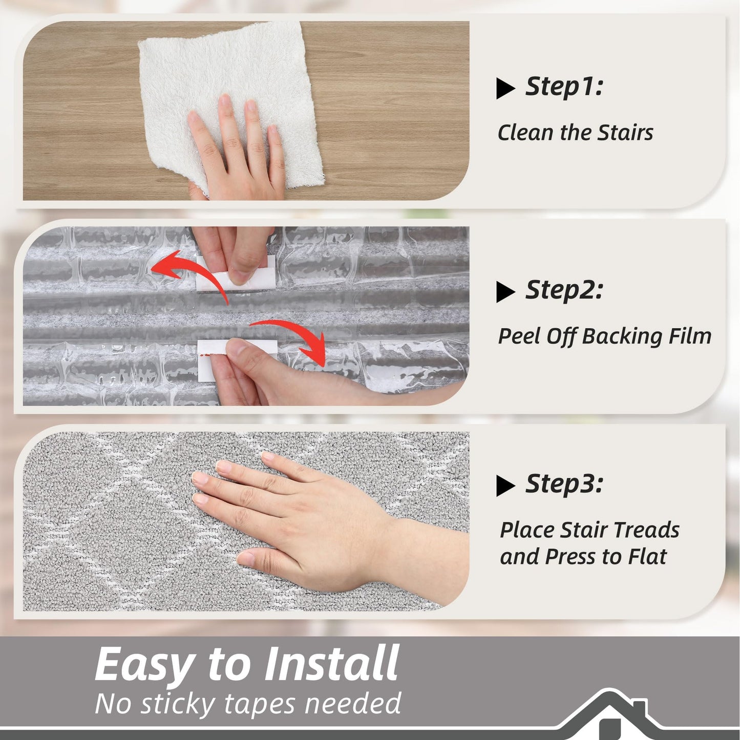 BEQHAUSE Stair Treads 15 Pack Self-Adhesive Stair Mats 28inX9in Stair Treads for Wooden Steps Non-Slip Stair Grips Polyester Soft Edging Stair Rugs Grey Stair Runner