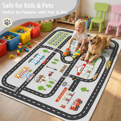 5'x7' Car Rug Play Mat for Kids Toy Cars, Faux Wool Road Rug Car Track Playmat Educational City Map Washable Carpet for Boy Playroom Bedroom Nursery, Non Slip Kids Area Rug for Children Toddler