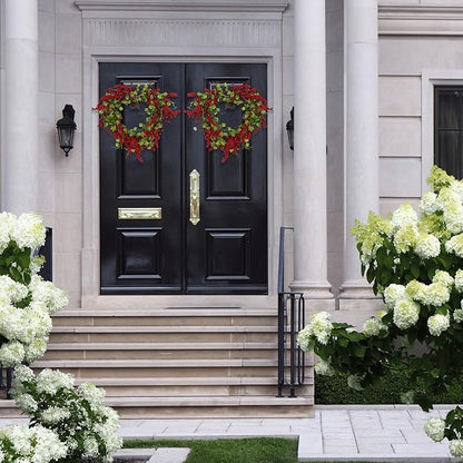 Valentines Day Wreath Heart Wreath with Red Berries Lush Green Ivy, Romantic Front Door Decoration for Spring Mother's Day, Perfect for Weddings & Indoor/Outdoor Farmhouse Décor