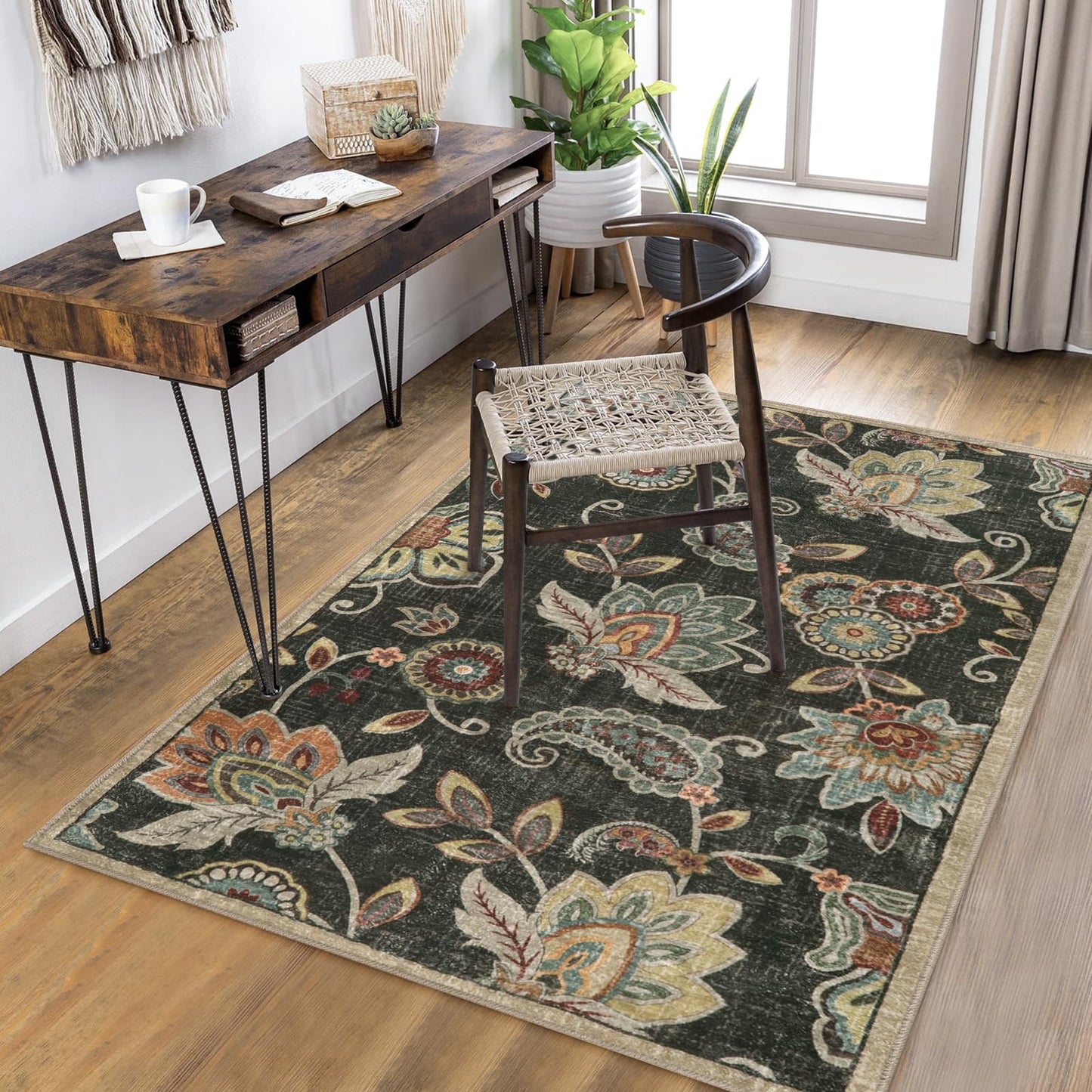 Morebes Floral Washable Rugs 3x5,Brown Throw Rugs for Bedroom Non Slip,Soft Distressed Paisley Bathroom Mat, Entryway Rug Indoor Accent Floor Chair Carpet for Living Room Coffee Table