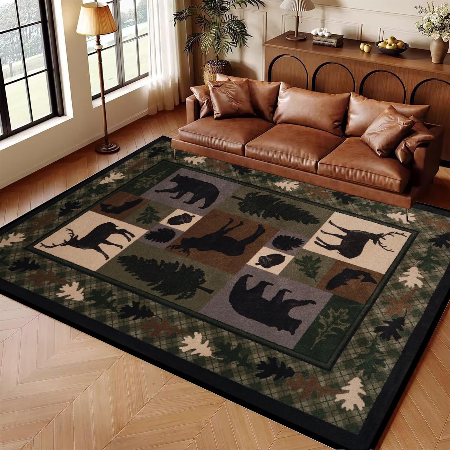 Qmkmyy Vintage Lodge Cabin Area Rug 4'x6' Hunting Bear Deer Print Rugs Rustic Wildlife Farmhouse Rug Country Style Leaf Carpet Low Pile Rectangular Mat,Black