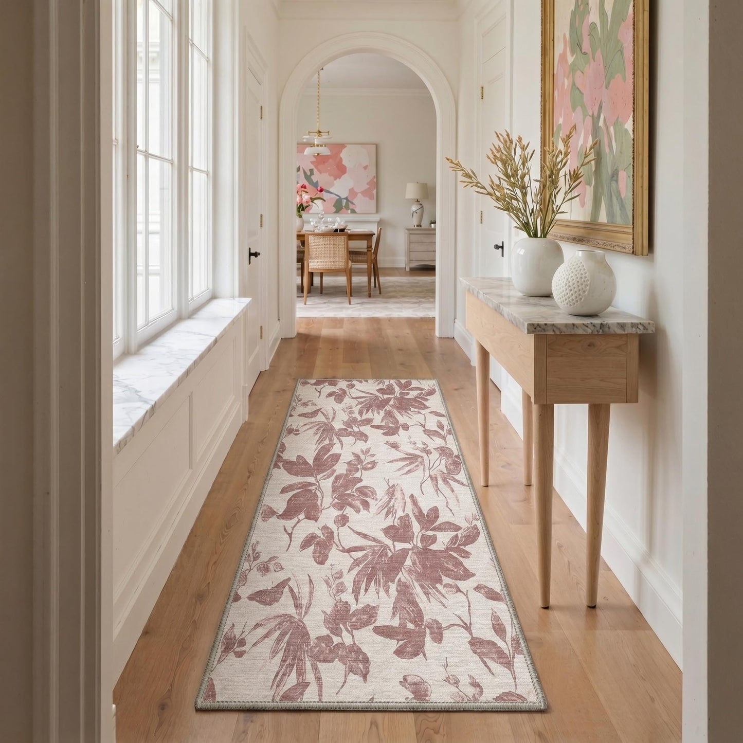 GENIMO 2X5 Hallway Runner, Machine Washable Non Slip Low Pile Soft Rugs, Modern Botanical Botanical Leaves Carpet for Entryway, Kitchen, Dusty Rose