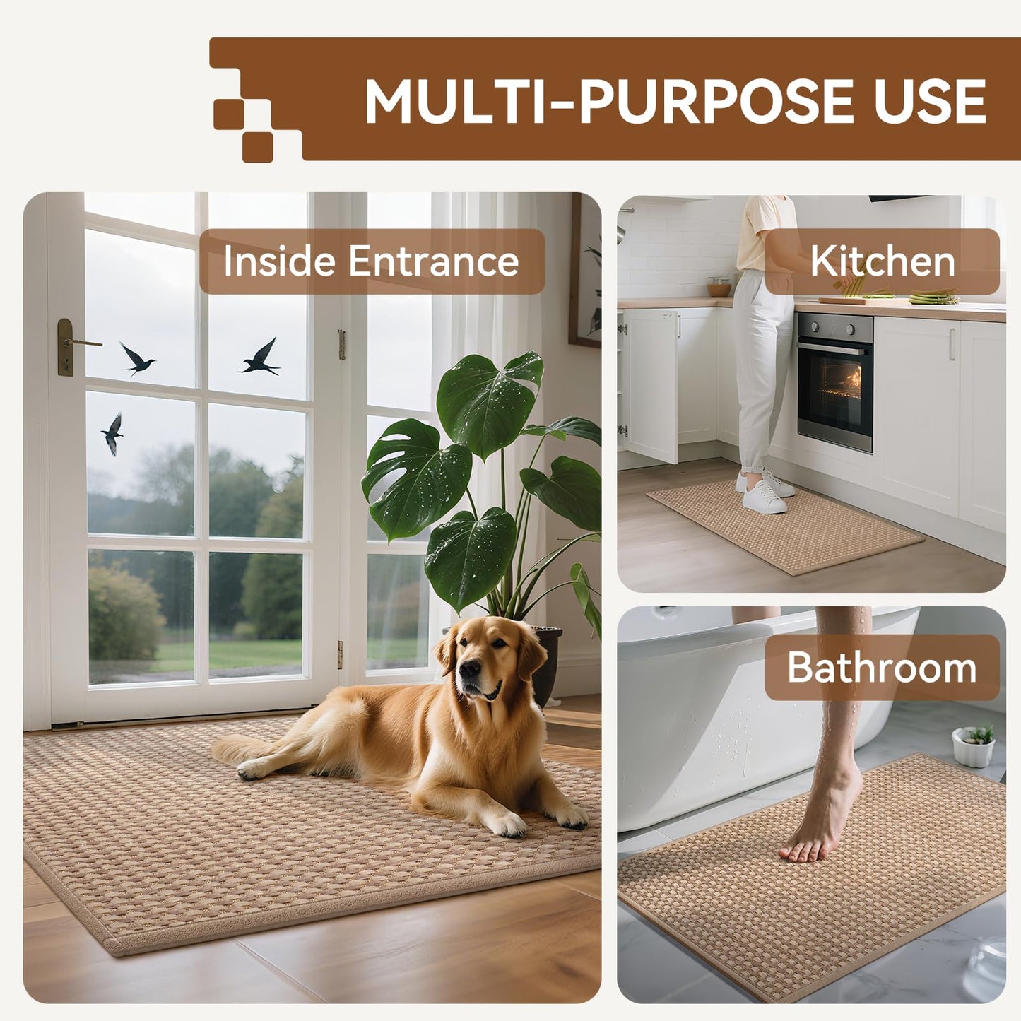 QiCaiJia Front Door Mat 17''x30'', Absorbent Dirt Resist Washable Non Slip Low-Profile Indoor Doormat, Easy Clean Entryway Welcome Door Mats, Brown