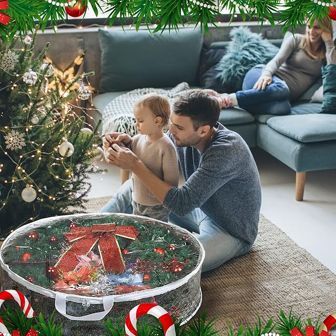 ProPik Christmas Wreath Storage Bag 24" - 2 Pack Clear Xmas Wreath Storage Container - Garland Holiday Artificial Wreath Storage Holder - Water Proof Transparent PVC - with Handles (24 Inch, White)