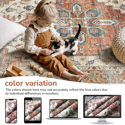 OPPODREAM Living Room Area Rugs, Faux Cashmere Low-Pile Carpet Rug with Non Slip Backing, Printed Decorative, Orange, 5' x 7'(Rectangular)