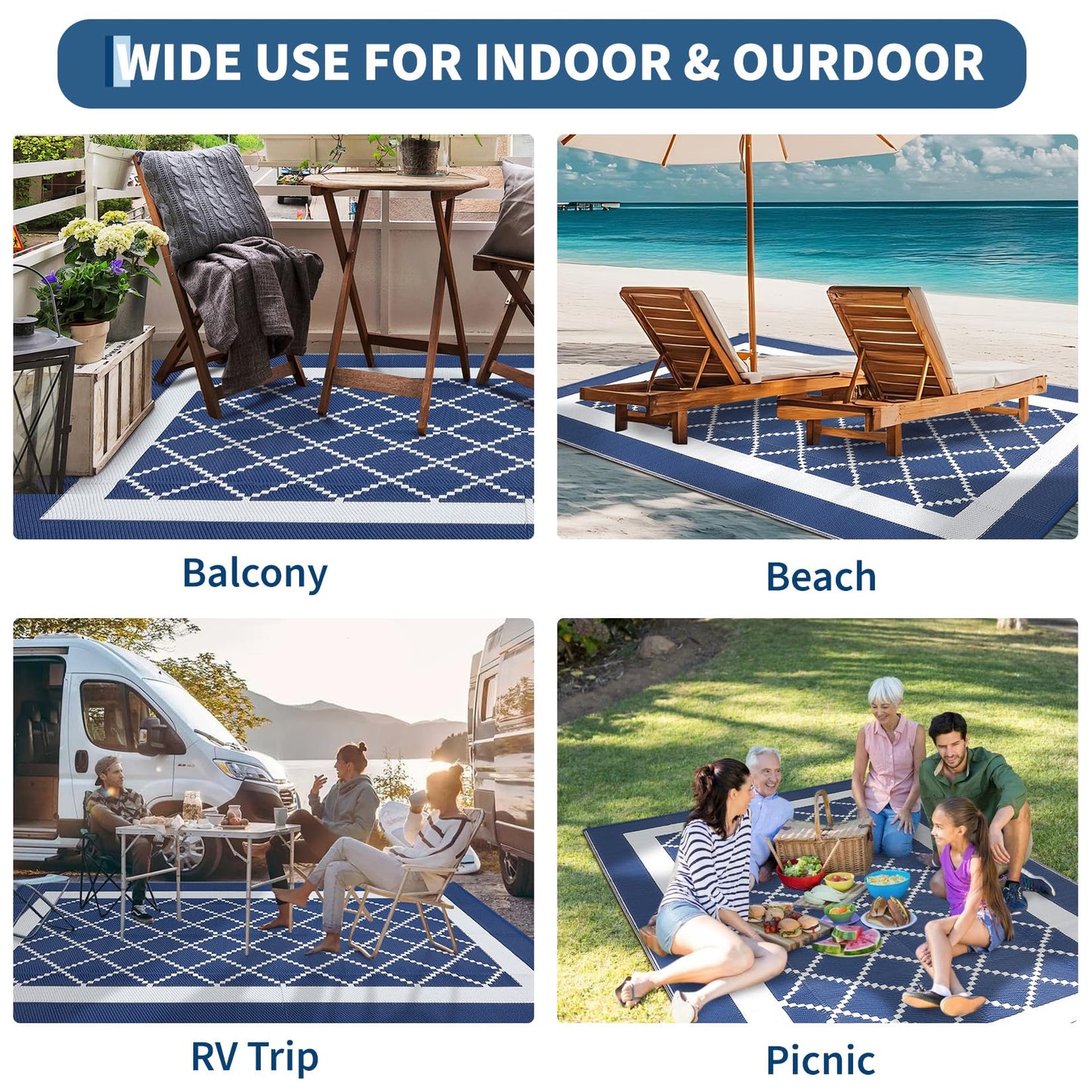 GAOMON Outdoor Rug 8x10 Patio Waterproof Reversible Plastic Straw Rug, Large UV-Resistant Portable RV Camping Mats with 4 Stakes & Carry Bag Boho Geometric Carpet for Outside Deck Porch Garden, Navy