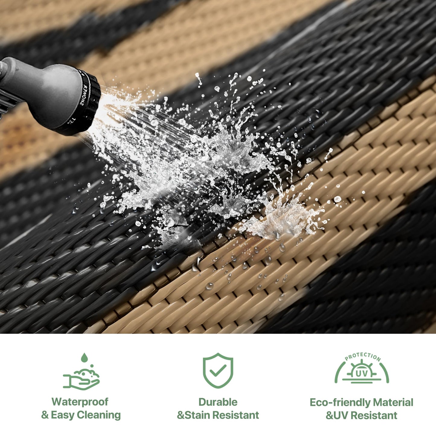 GENIMO Outdoor Rug Waterproof 10'x14' for Patio, Foldable Reversible Plastic Straw Carpet for Travel Trailers, Outside Area Mat for Rv, Deck, Picnic, Porch, Camper, Balcony, Beach, Black & Brown