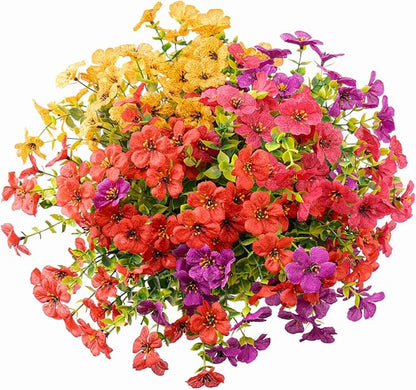 Outdoor Artificial Flowers, 16 Bundles Fake Flowers Autumn Decoration, No Fade Faux Plastic Shrubs for Garden Patio Porch Window Box Fall Decor (Fuchisa,Rose Yellow,Red)