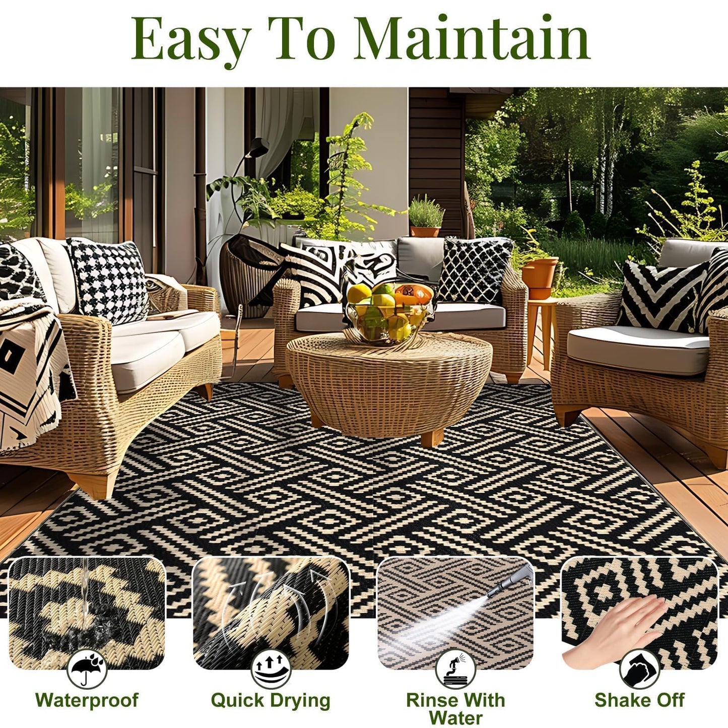 OPPODREAM Outdoor Rug 5x7 Ft, Waterproof Outdoor Plastic Straw Rug for Patio, Reversible Out Door Carpet for Camping, Deck, Rv, 5 x 7 Area Carpet for Balcony, Porch, Backyard, Black and Beige