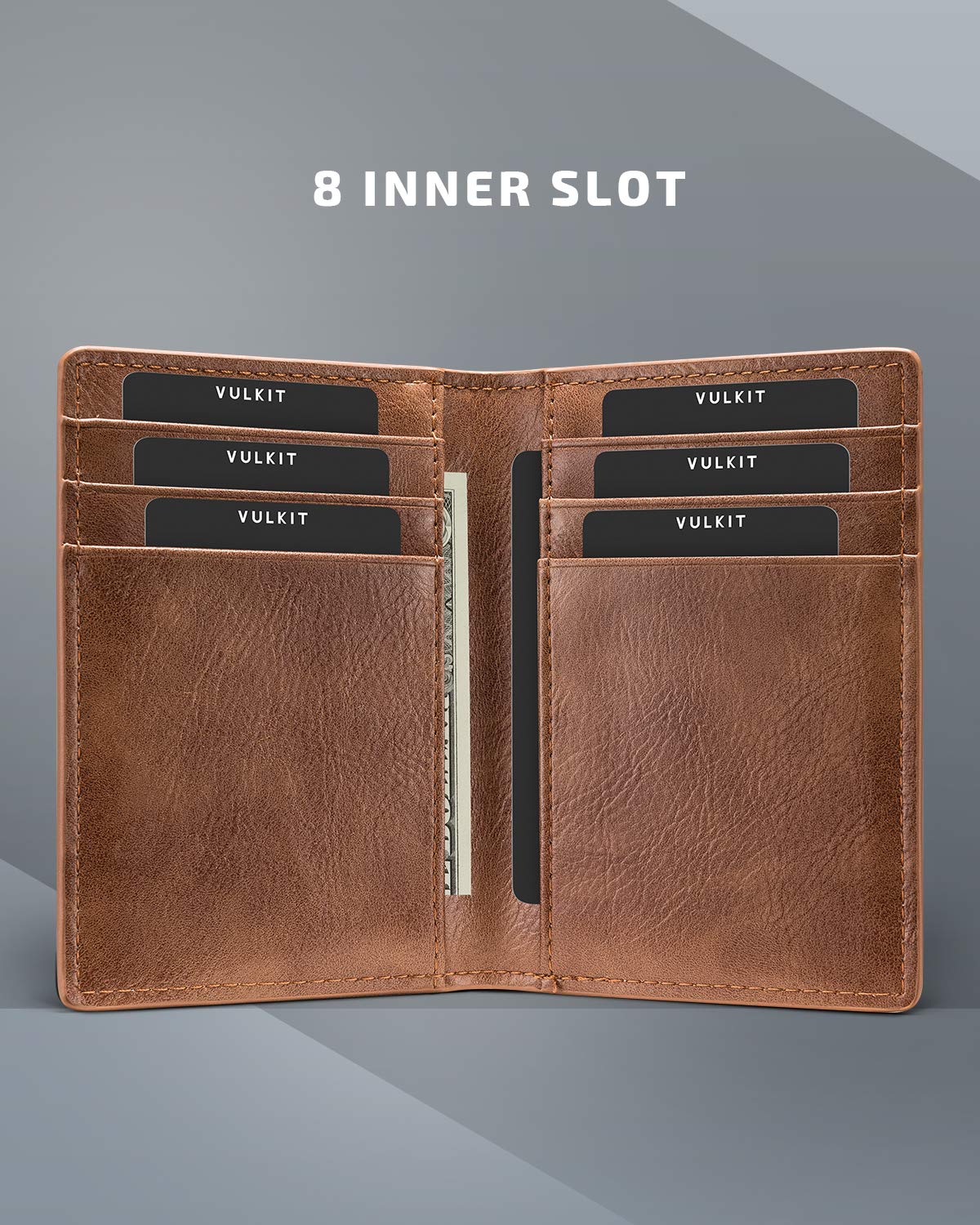 VULKIT Bifold Front Pocket Slim Wallet RFID Blocking Minimalist Thin Leather Credit Card Holder Wallet for Men and Women Brown