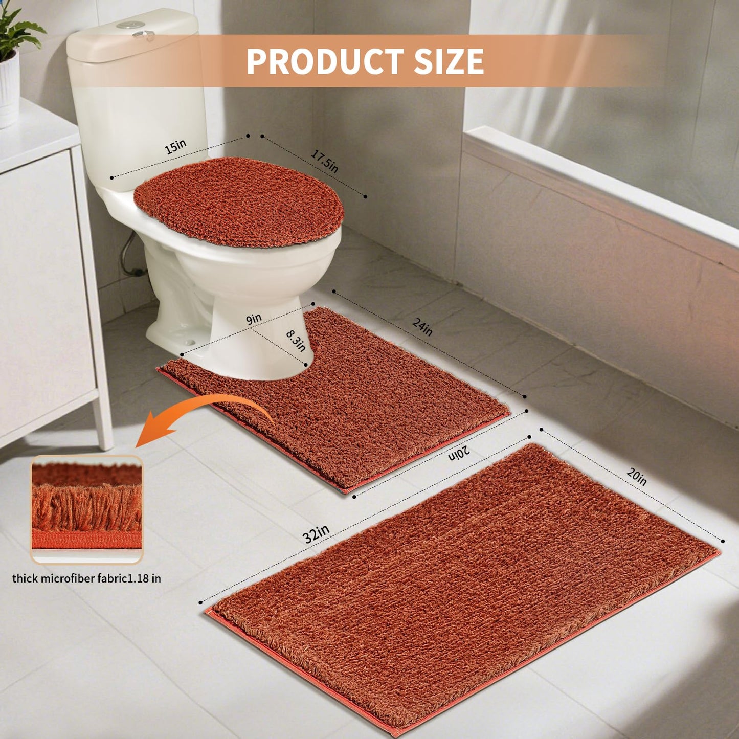 Baahrnom Bathroom Rugs Sets 3 Piece with Adjustable Toilet Seat Cover 17.5"x 15" Machine Washable Bath Rug Set with TPR Non Slip Rubber Backing Solid Bath Mat Set for Luxury Bathroom Decoration