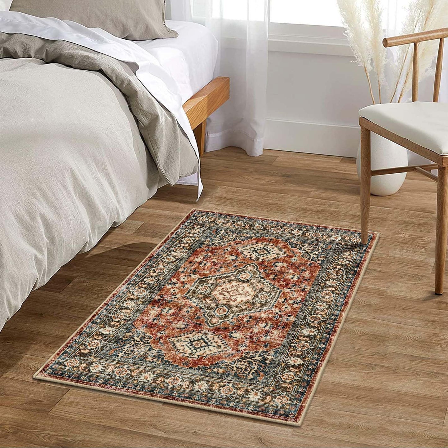 Lahome Oriental Washable Small Area Rug, 2x3 Rugs for Entryway Kitchen, Ultra-Thin Soft Indoor Door Mat Non Slip Throw Carpet for Bedroom Bathroom Eleanor, Brick Red