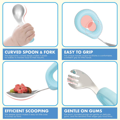 MR. CHOU Suction Baby Bowl Set with Spoon & Fork, Double-Wall 18/8 Stainless Steel Toddler Bowls with BPA Free Airtight Lids, Food Grade Infant Self-Feeding Bowl, First Stage Led Weaning Supplies Blue