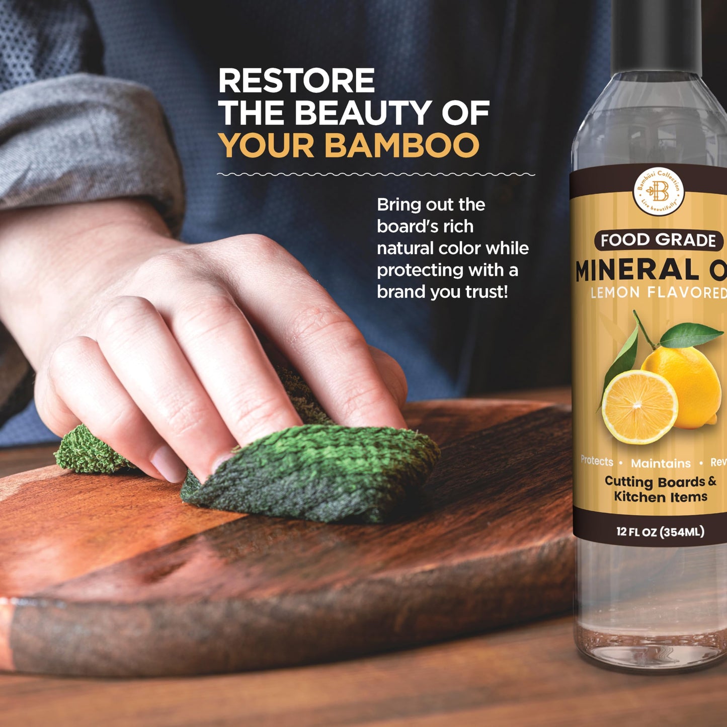 Food Grade Mineral Oil for Cutting Boards - 12 oz Lemon Enriched Butcher Block Oil & Wood Conditioner for Bamboo, Teak, Utensils, Marble, Soapstone, Restores & Protects, Made in USA