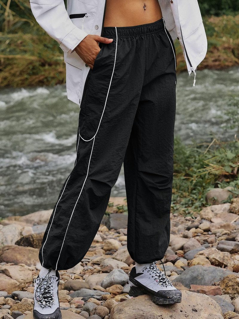 Yousify Womens Baggy Parachute Pants Wide Leg Elastic Waisted Contrast Track Pants Y2K Hiking Jogger Sweatpants with Pockets Black