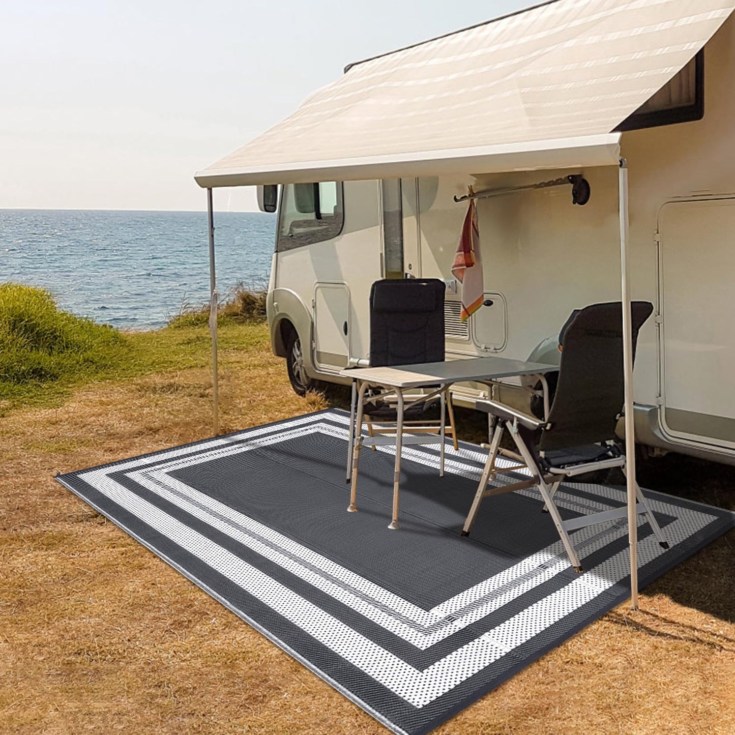 GarveeHome Outdoor Rug 9x18 ft Waterproof Mat Reversible Outdoor Plastic Straw Rug Patio Rug Camping Rug Portable Outdoor Mat for RV Porch Balcony Backyard Picnic Beach Grey/White Panel
