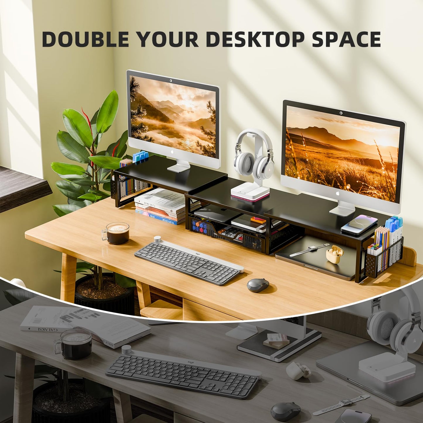 Simple Trending Desk Organizers and Accessories, Dual Monitor Stand Riser with Drawer and 2 Pen Holder, Shelf for Top of Desk, Black