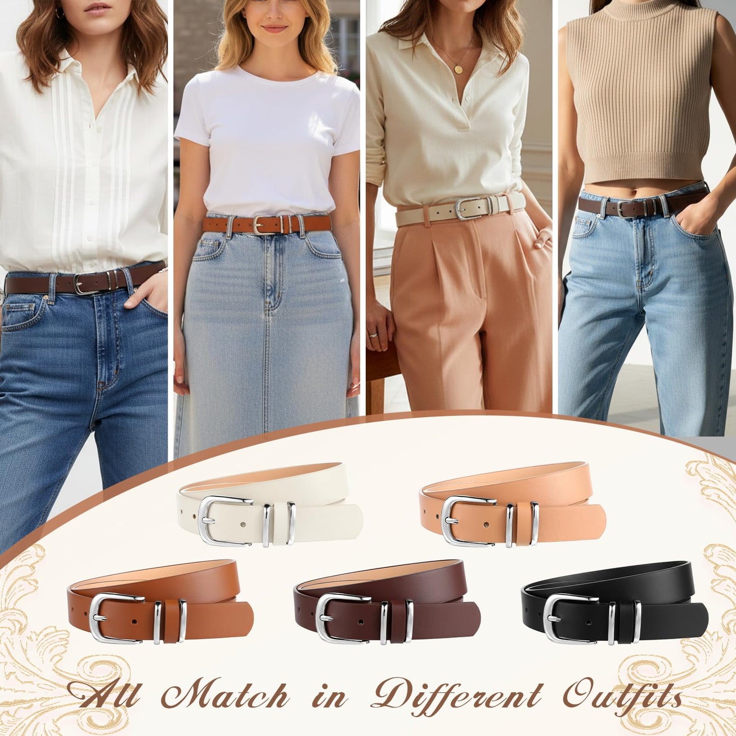 IMengjbang 5Pcs Womens Leather Belt Silver Buckle Fits Waist 25-35 Inches, Ladies Belts for Jeans with Silver Buckle 10 Adjustable Holes