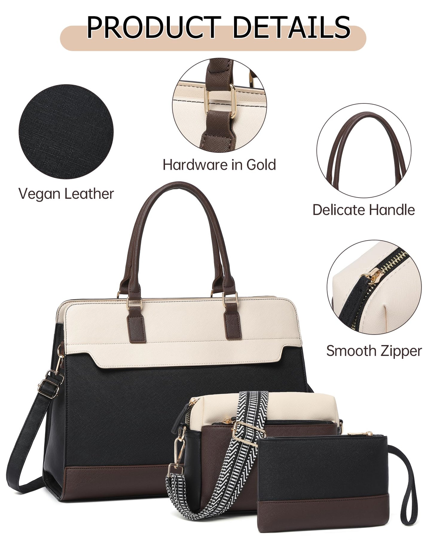 Laptop Bag for Women, 3PCS Vegan Leather Tote Bag for Work with 2 Shoulder Straps, Teacher Purse Office Handbag Computer Briefcase Gifts