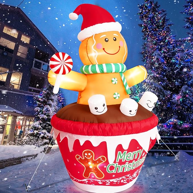 FRAMICS 7 FT Christmas Inflatable Gingerbread Outdoor Decorations, Gingerbread Man in Hot Cocoa Mug Inflatable, Cute Blow Up Yard Inflatable for Party Garden Lawn Yard Gifts Outdoor Indoor