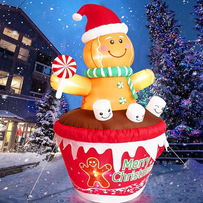 FRAMICS 7 FT Christmas Inflatable Gingerbread Outdoor Decorations, Gingerbread Man in Hot Cocoa Mug Inflatable, Cute Blow Up Yard Inflatable for Party Garden Lawn Yard Gifts Outdoor Indoor
