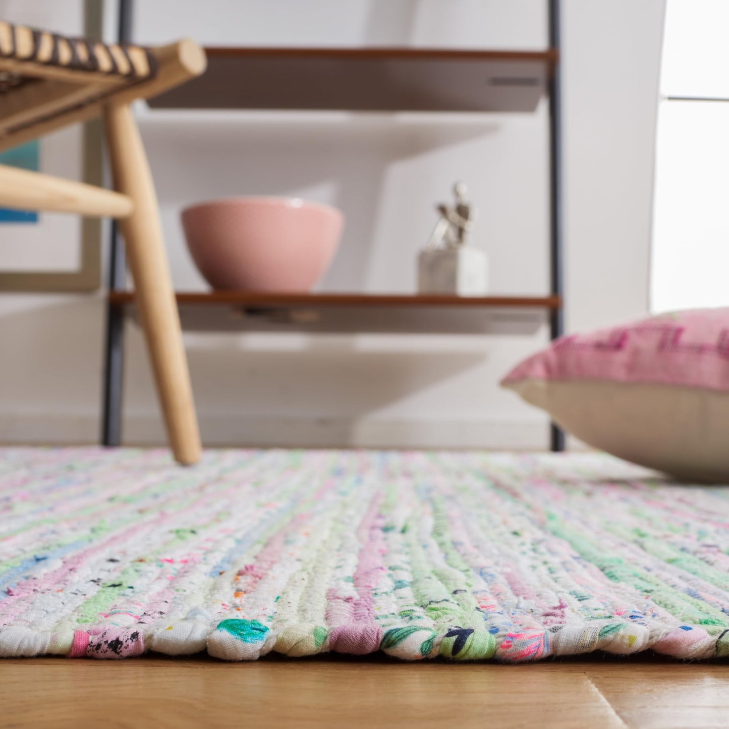 SAFAVIEH Rag Rug Collection Area Rug - 5' x 7', Light Green & Multi, Handmade Boho Stripe Cotton, Ideal for High Traffic Areas in Living Room, Bedroom (RAR125D)