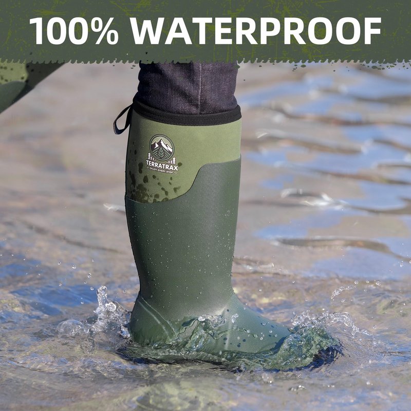 TerraTrax Men's Waterproof Insulated Rubber Hunting Boots – 6mm Neoprene Rain Boots for Outdoor Work, Fishing, Farming & Gardening Green Size 12