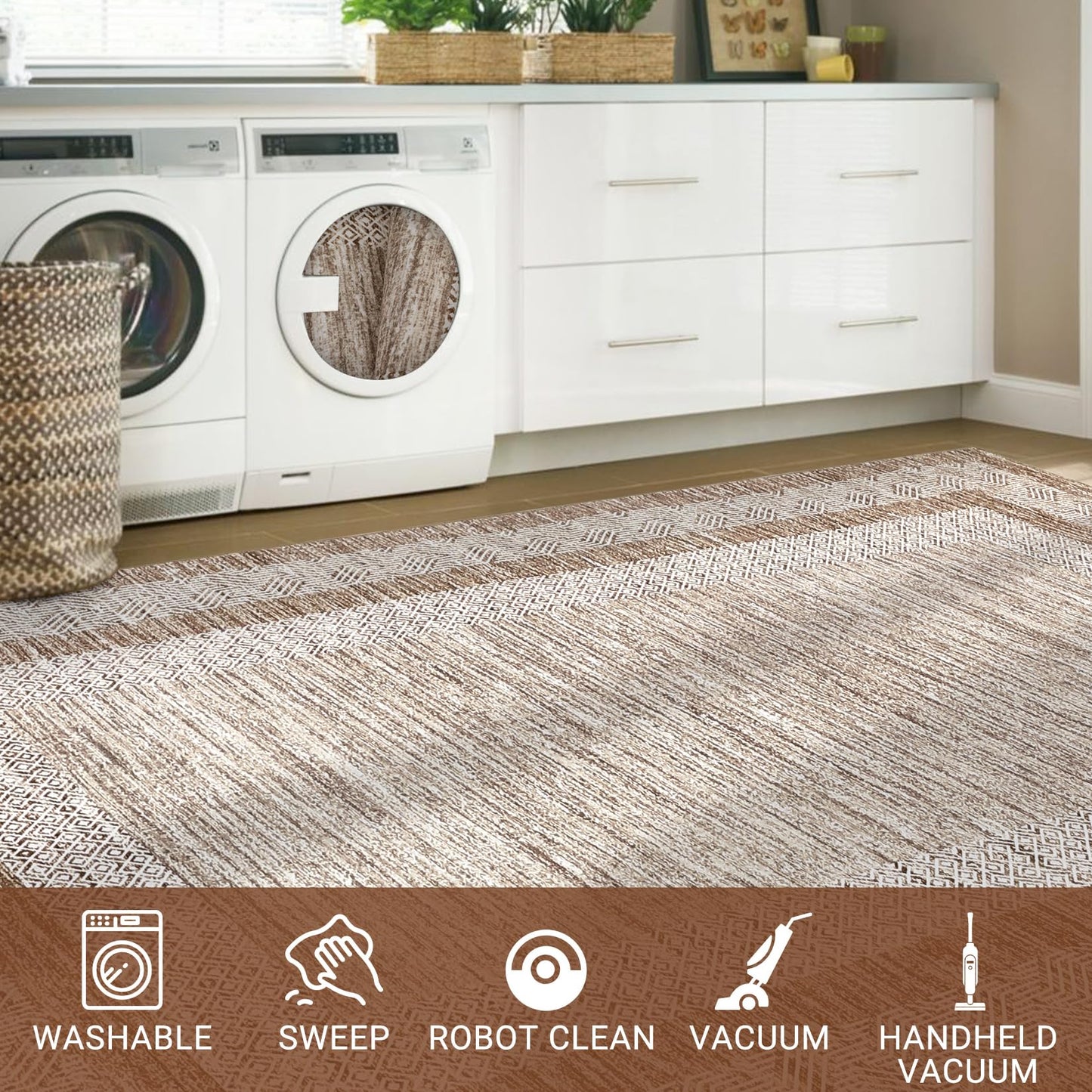 GarveeHome 2x6 Modern Bordered Runner Rug Soft Non Slip Runner Washable Non Shedding Floor Carpet, Distressed Geometric Hallway Runner, Indoor Printed Runner for Kitchen, Entrance, Brown