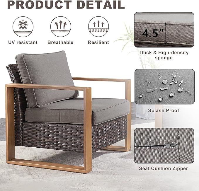 Rilyson Wicker Outdoor Patio Chairs Set of 2, Rattan Patio Furniture Chairs with Sturdy Frame,All-Weather PE Wicker,Wide Armrest,Deep Seating and Thick Cushions for Deck Porch Garden(Brown/Grey)
