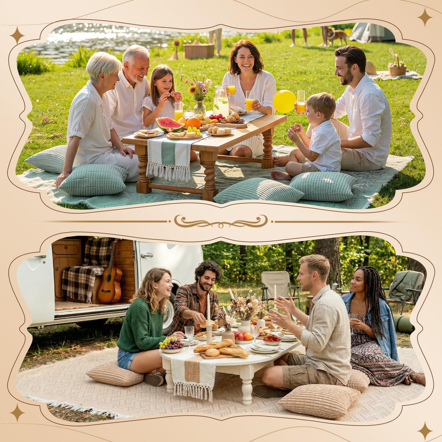 Extra Large Outdoor Rug Boho Picnic Blanket with Low Table Runner and 6 Throw Pillows Covers Set for Beach Essentials Beach Accessories Garden Party Decoration Patio Park Lawn Grass Festival Mat XL