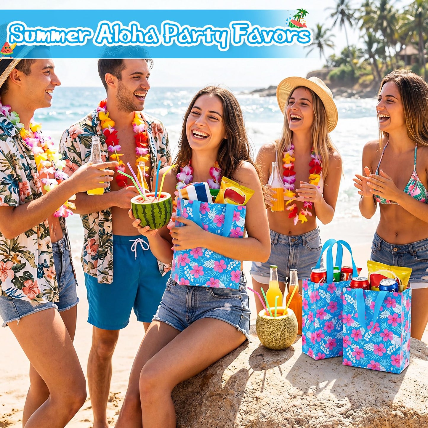 Threlaco 60 Pcs Summer Hawaiian Hibiscus Gift Bags Non Woven Reusable Tropical Blue Pink Flower Goodie Candy Tote Bag with Handles for Cartoon Animation Aloha Luau Party Supplies 10 x 8 x 4 Inch