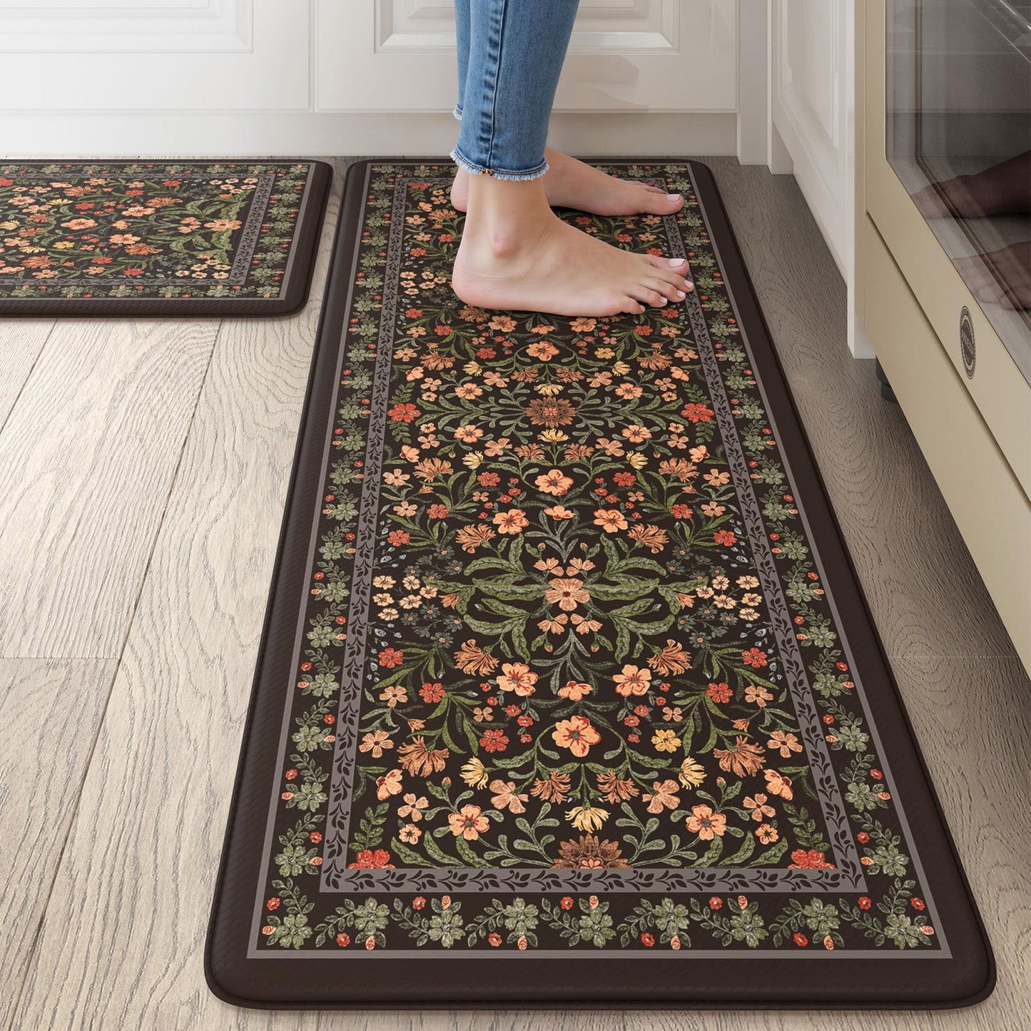 Collive Anti Fatigue Mat for Kitchen Floor, Waterproof Cushioned Sink Mats Non Slip Floral Kitchen Rugs Set of 2, Black Comfort Modern Standing Rug for Office, Laundry, Desk, 17"x30"+17"x47"