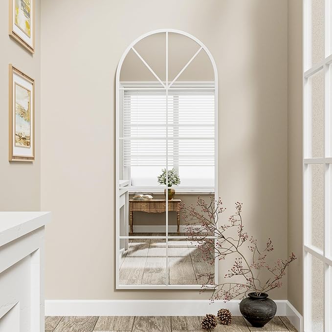 Mirror Full Length, 65"x22" Arched Window Pane Mirrors for Wall Decor, White Full Body or Wall Mounted Mirrors, Farmhouse Standing Mirror Hanging or Leaning for Living Room, Entryway, No Stand