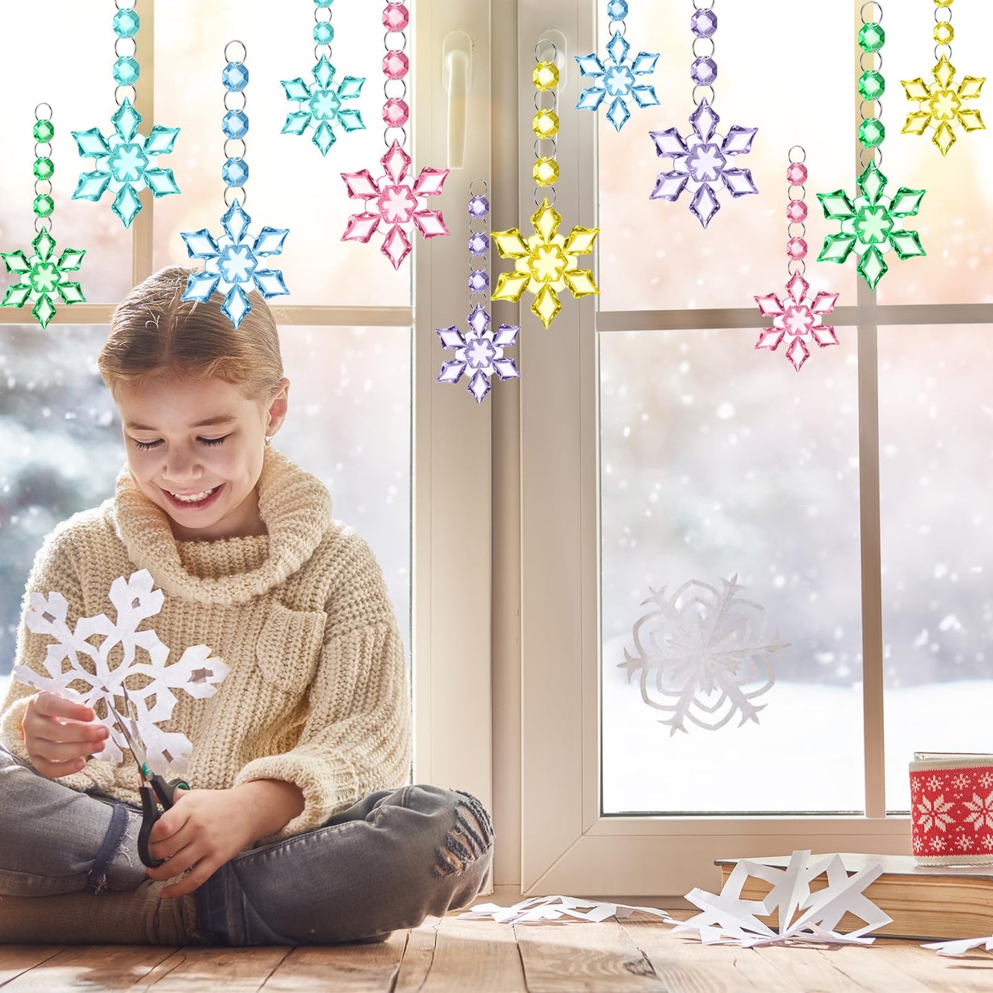 Simgoing 30 Pcs Christmas Pastel Crystal Snowflake Ornaments for Tree, Hanging Crystal Acrylic Snowflake Decoration Pendants for Winter Wonderland, Home Decor Holiday Party Supplies Favor Celebration