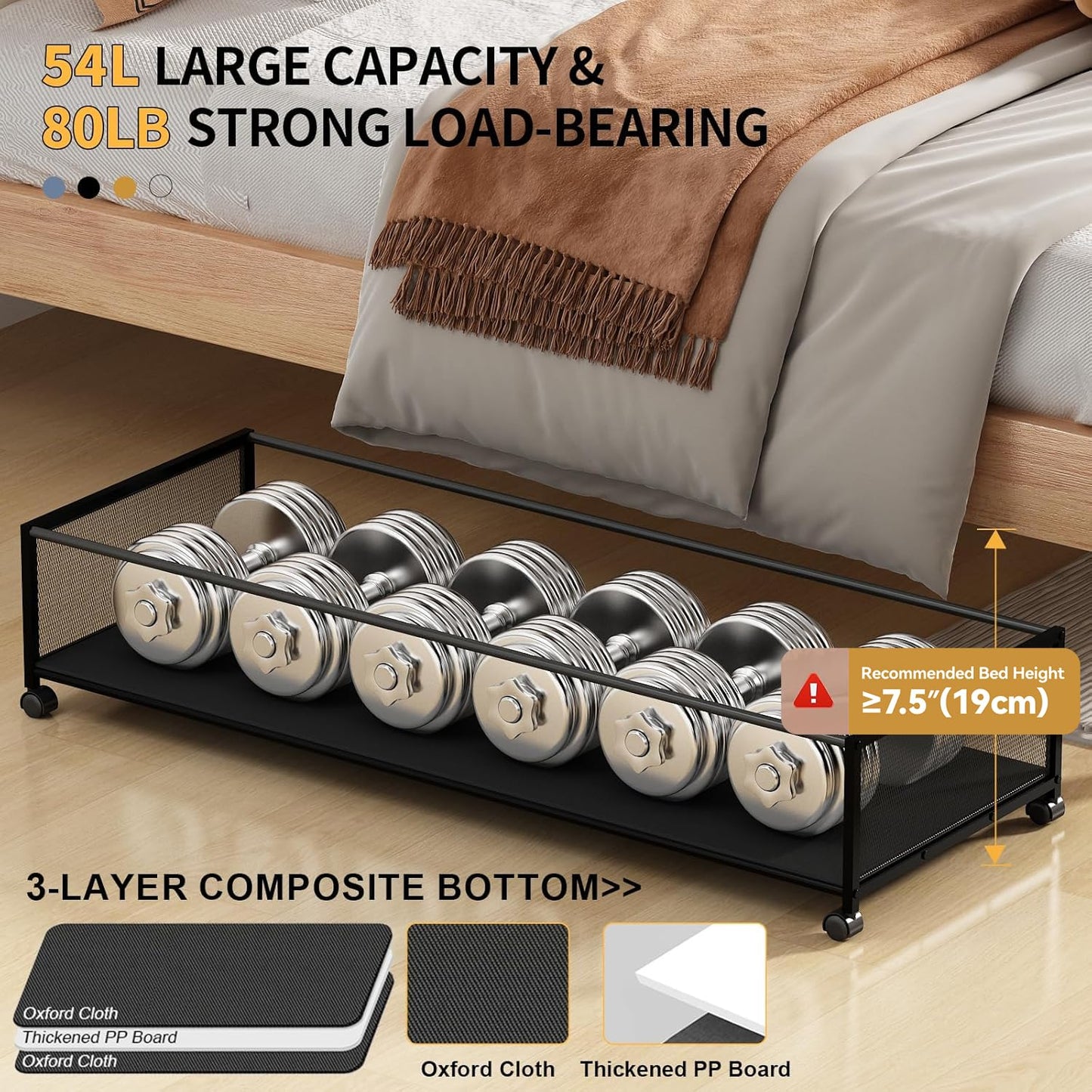Under Bed Storage Containers with Wheels Large Underbed Shoes Blankets Clothes Toy Storage Drawers for College Dorms Bedrooms Nursery Rooms Organization (Black 2 Pack, 7.5in height(36"x16.6"x7.48"))