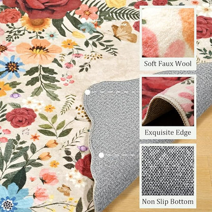 Washable Entryway Small Area Rugs: Door Mat Indoor Entrance 2x3 Floral Rug Ultra Thin Stain Resistant Non Slip Low Pile Lightweight Carpet for Kitchen, Front Door, Small Spaces Decor (Beige)