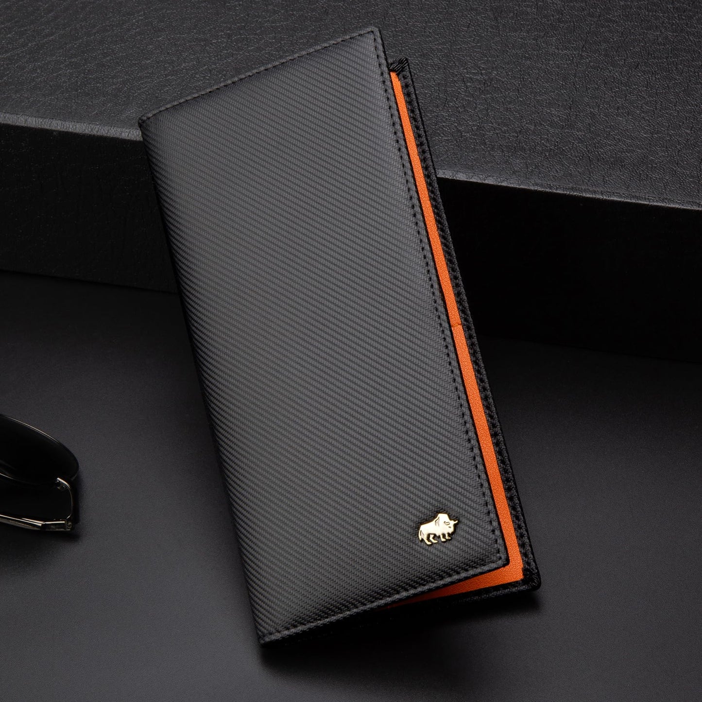 BISON DENIM RFID Bifold Wallets Slim Credit Card Wallet Real Leather Mens Long Wallet with Zipper Coin Pocket (W4470-Orange)
