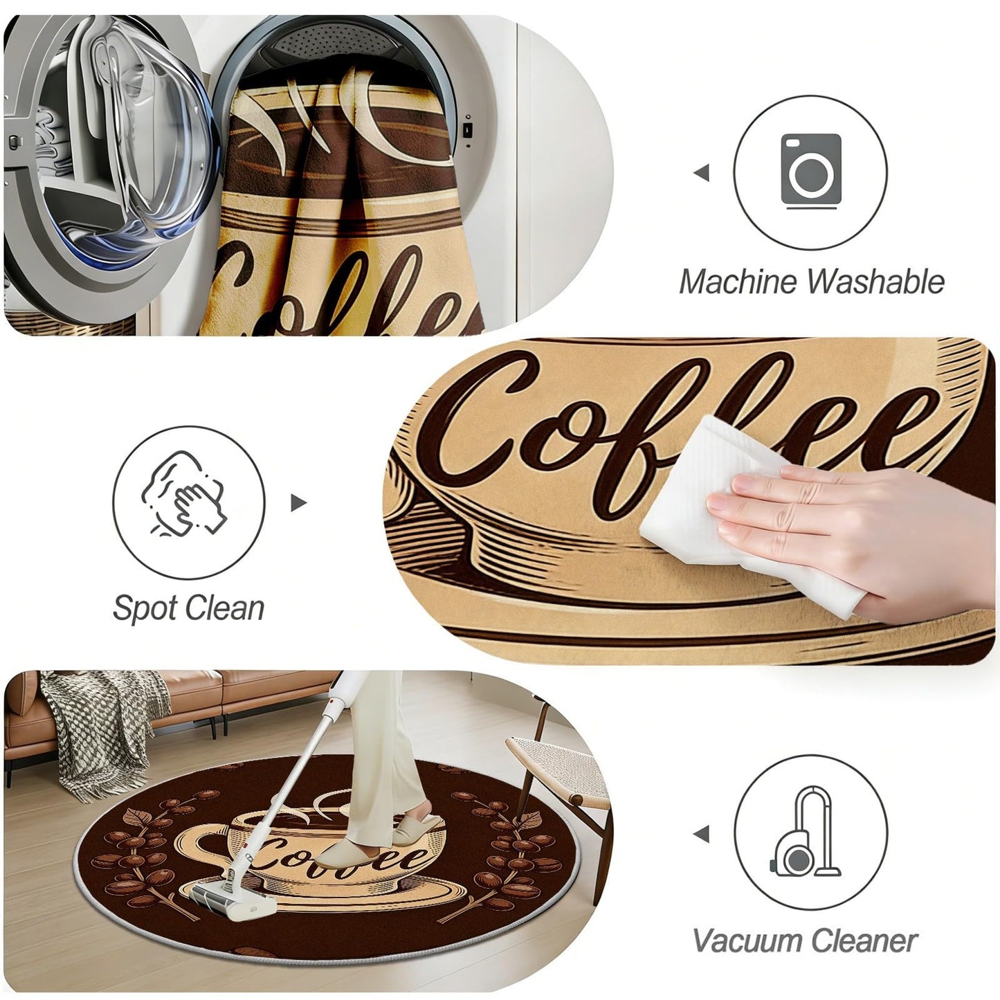 Egljss Round Washable Rugs 6ft, Coffee Cup Circle Area Rug for Bedroom, Coffee Bean Round Carpet for Living Room, Brown Circle Rug Non Slip for Dining Table Kitchen