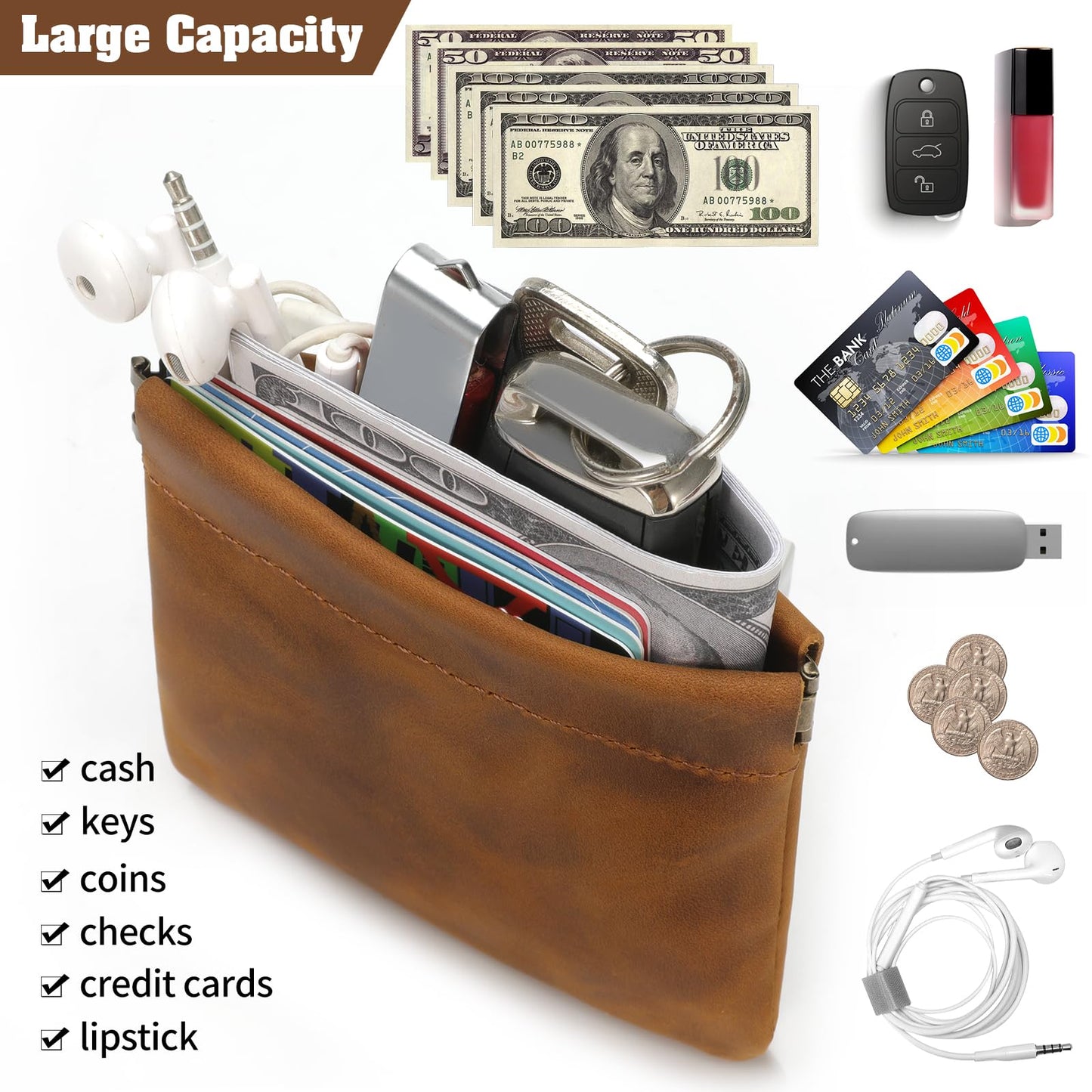 Jack&Chris Mini Coin Purse, Genuine Leather Small Coin Wallet, Leather Squeeze Coin Purse Pouch Change Holder For Men & Women, JC309
