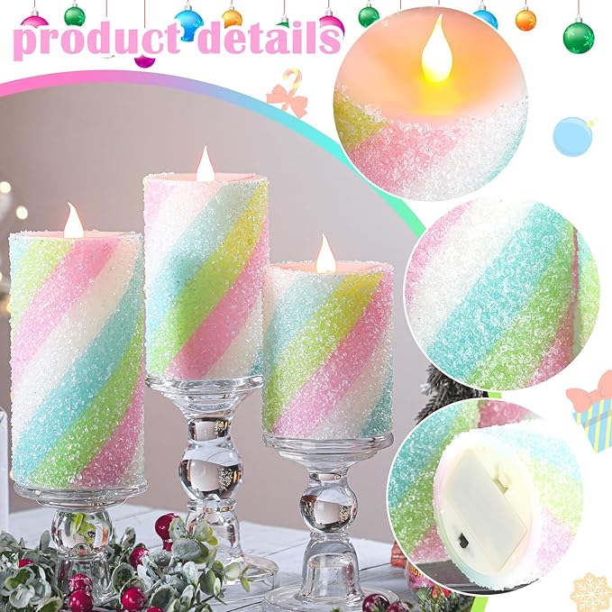 Baquler 3 Pcs Pastel Candy Flameless Candles Christmas Candy Stripe LED Pillar Candles Pastel Battery Operated Candlestick for Holiday Party Centerpiece Xmas Home Decoration