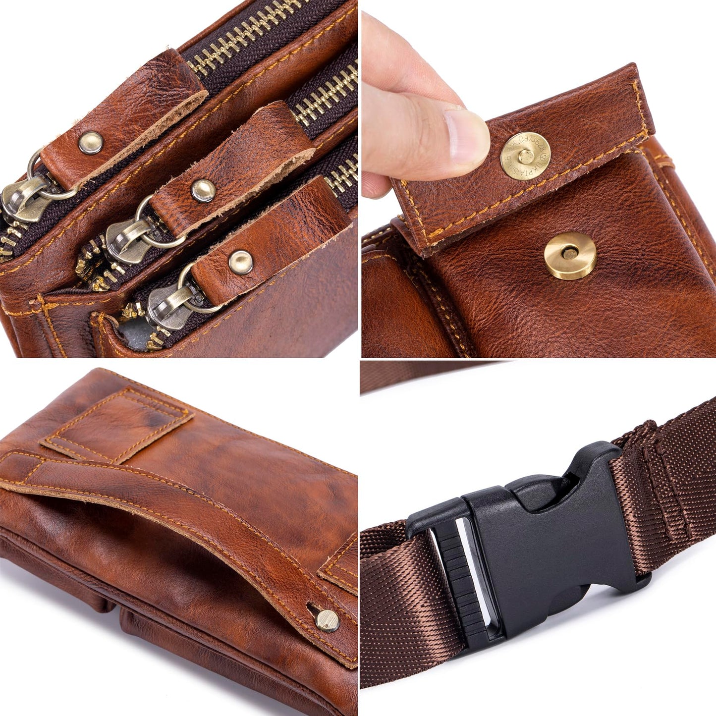 Myunxui Genuine Leather Fanny Pack Waist Bag for Men Women Clutch Bag Hip Bum Travel Pouch Sling Crossbody Chest Bags Shoulder Daypack Multiple Pockets Waist Pack Brown