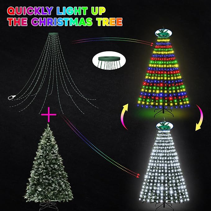 30+ Modes Ring Christmas Tree Lights Indoor Outdoor - 6.56Ft x 12 Lines 288 LED Easy App Control Color Changing Timer Remote Waterproof for 6 7 Ft Xmas Trees (Cool White to Multicolor)