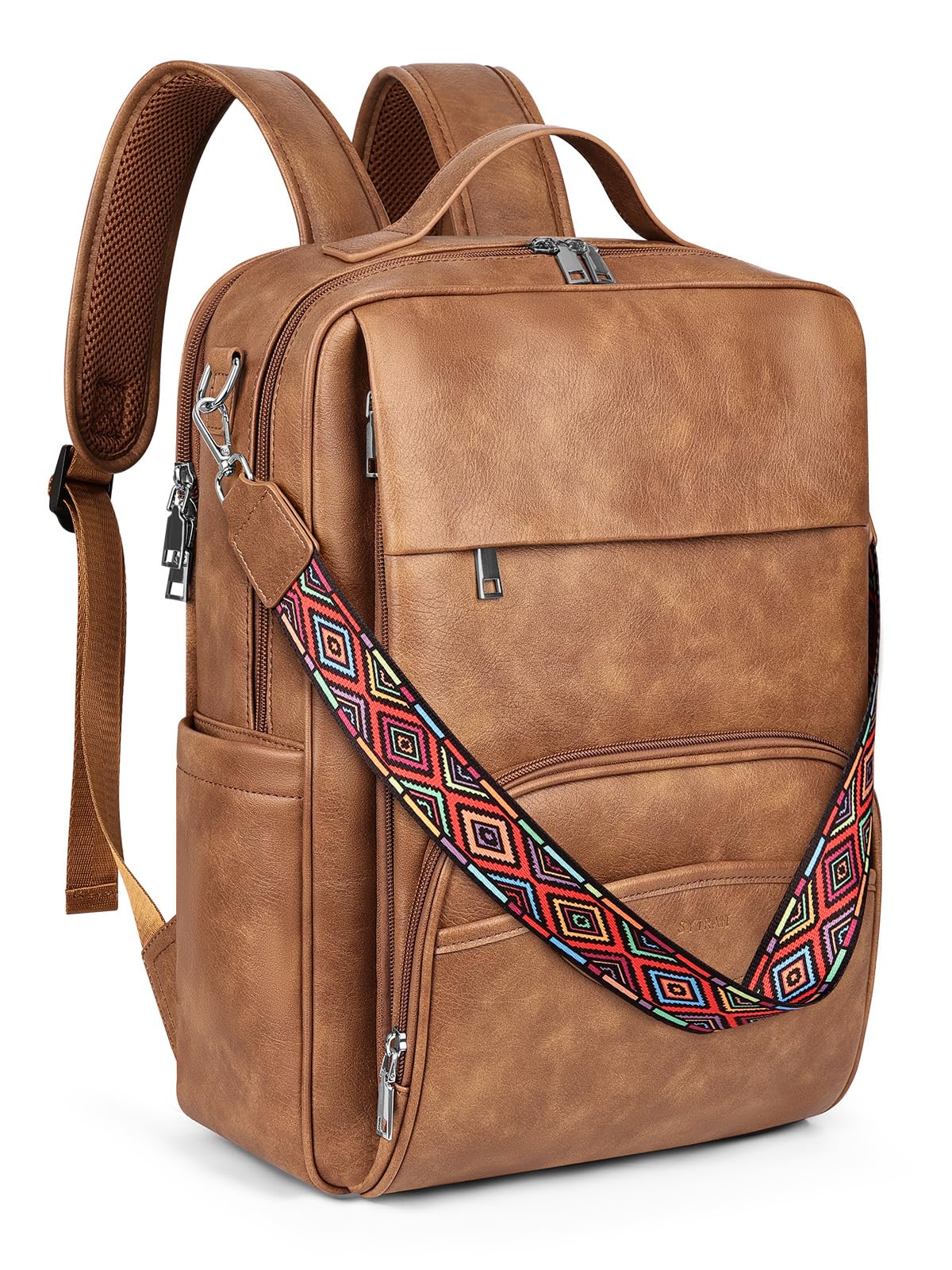 SYTRAH Leather Laptop Backpack for Women, 15.6 Inch Business Computer Bag, Designer College Backpack Travel Backpack with Colorful Shoulder Bag Strap Mocha Brown
