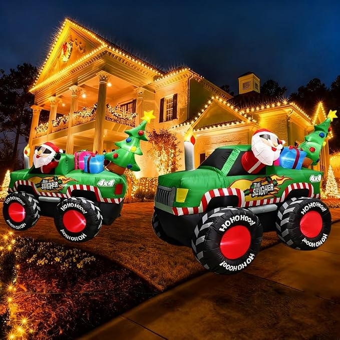 8FT Long Christmas Inflatables Monster Truck, Xmas Blow up Santa Driving Truck with Christmas Tree and Gifts Boxes Outdoor Decorations, X-mas Inflatable Yard Garden Lawn Party Holiday Decor