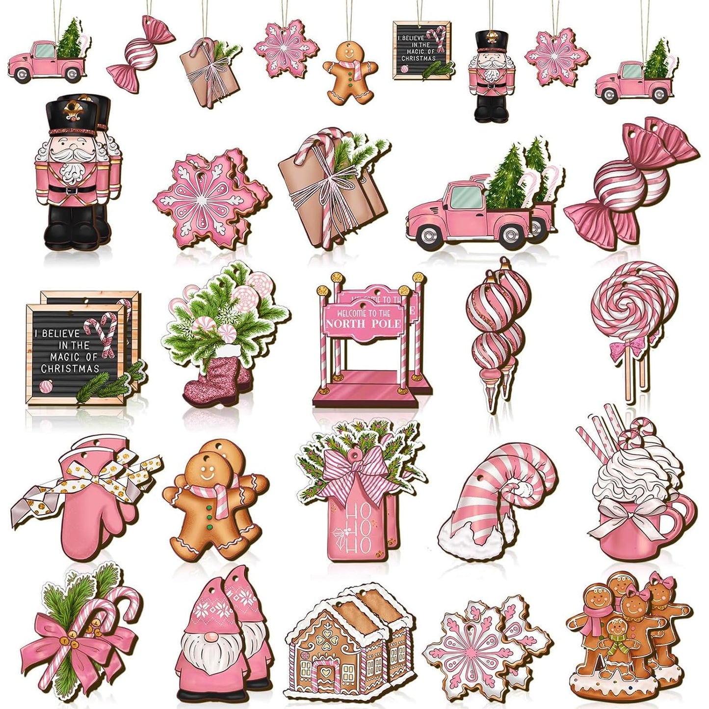 Huwena 40 Pcs Christmas Wooden Ornaments Winter Decorations for Xmas Tree Gingerbread Nutcracker Snowman Gnome Wood Cutouts for Small Tree Wreath Decor(Pink Pastel,Nutcracker & Gingerbread)